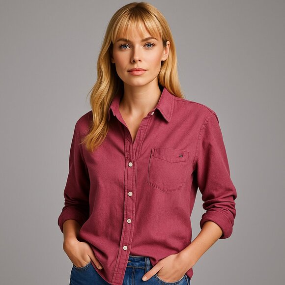 Tommy Hilfiger Tops - Tommy Hilfiger Women’s Burgundy Speckled Button Down Shirt L Elbow Patch Y2K